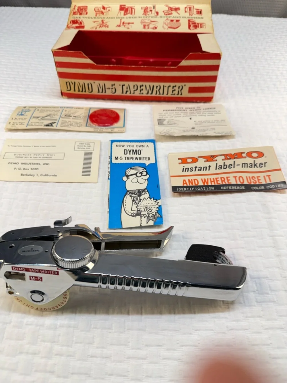Dyno M-5 Tapewriter with Red-Striped Box and Blue Insert